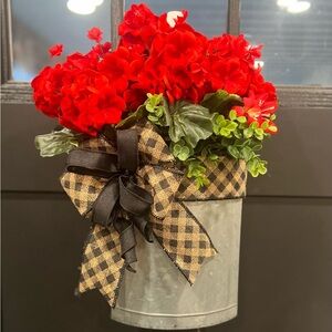 Red Floral Arrangement in Metal Bucket